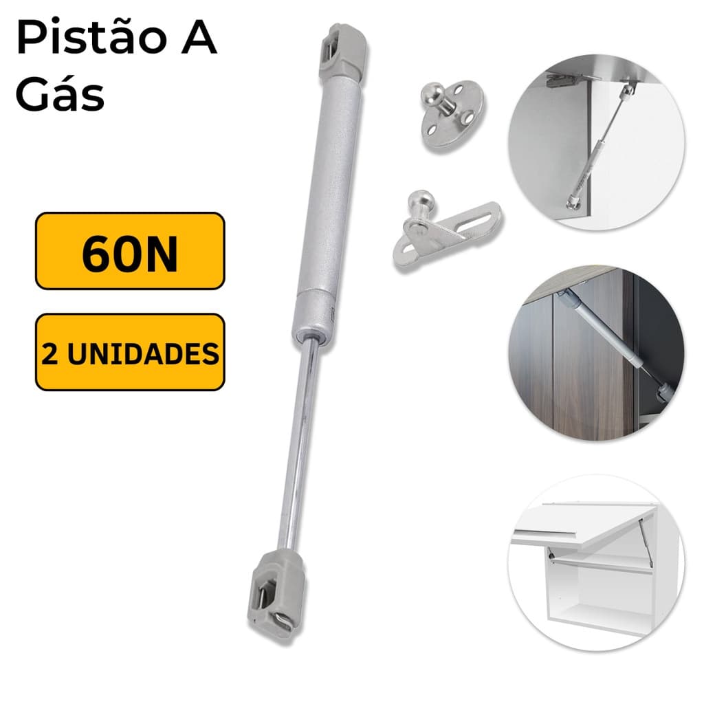 Kit 2 Pistão Amortecedor A Gás P/Móveis Armários 60N Cinza
