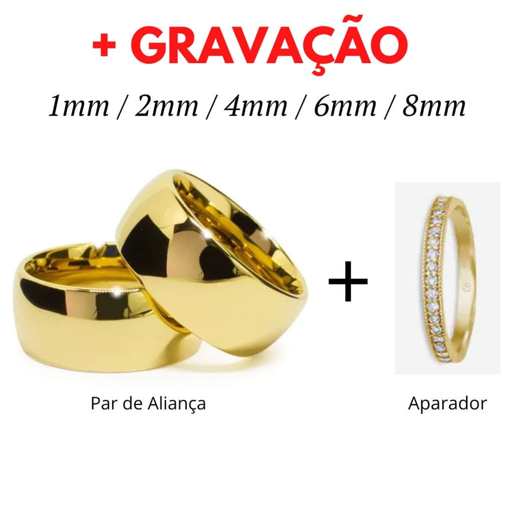 Anel Aparador + Par de Aliança Dourada Banho 10 camadas OURO 18k + GRAVAÇÃO / Casamento Noivado Namoro