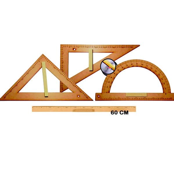 Kit Geométrico Professor Mdf C/Régua 60 cm 1 Esquadro 30/60 Graus 1 Esquadro 45 Graus 1 Transferidor