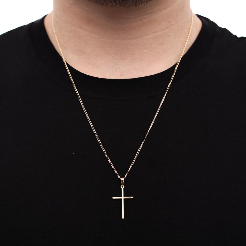 Cordão Masculino Fino + Pingente Cruz Crucifixo liso Banhado a Ouro 18k