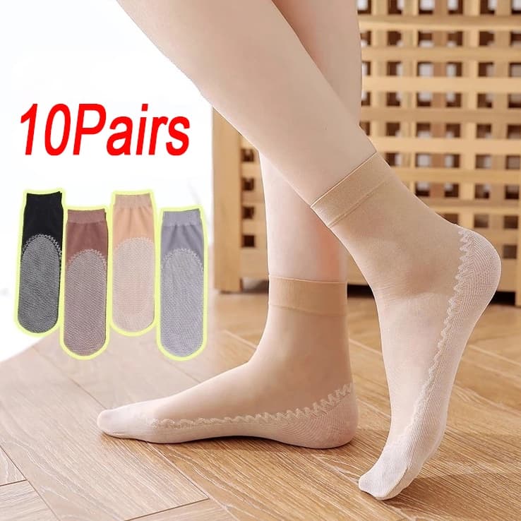 10Pairs Meias De Verão Seda Macias Algodão Feminino/Curtas Transparentes De Fundo Respirável De Nylon Para Senhoras