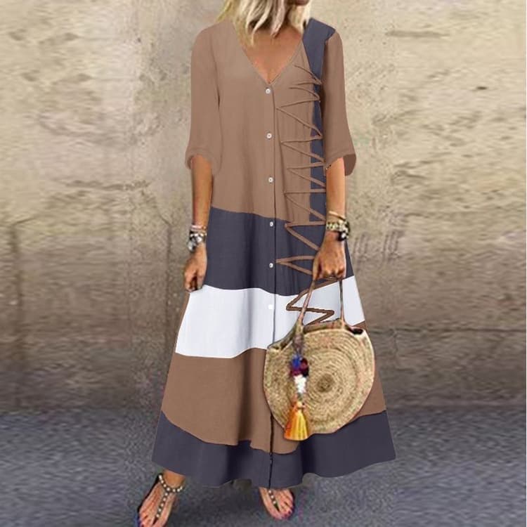 Elegante Vestido Maxi Mulher Casual De Pescoço Em V De Manga Curta Stiching Print Shirt De Verão 2023 Vestidos Longos Vintage Ladies Plus Tamanho S-5XL