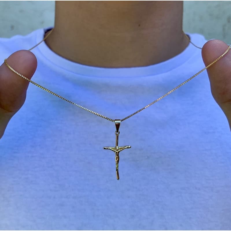 Corrente cordão veneziana + pingente crucifixo banhado a ouro