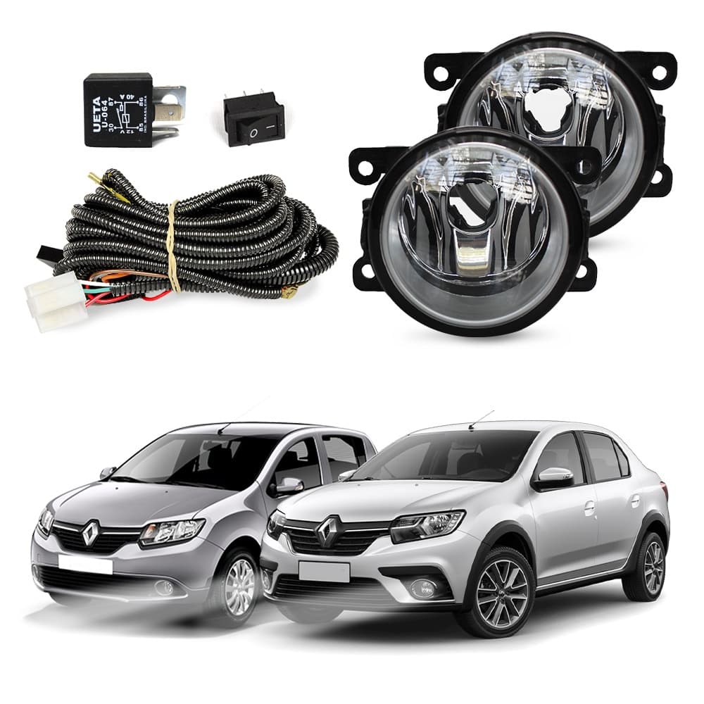 Kit Farol de Milha Logan Sandero 2014 a 2024 Farol Auxiliar de Carro Lente Vidro Neblina Automotivo