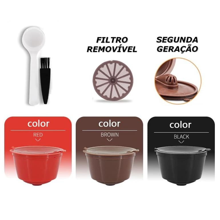 3 Cápsulas Reutilizáveis Dolce Gusto Vermelha Preta Marrom Mais Pincel E Dosador