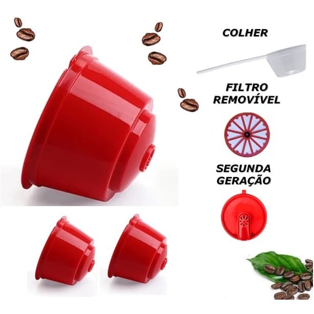 3 Cápsulas Reutilizável Dolce Gusto Recarregável Vermelha Com Colher