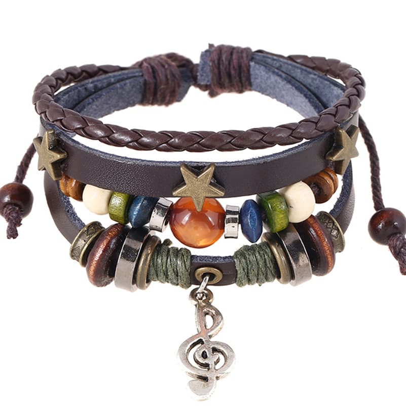 Boho Gypsy Hippie Brown Leather Star G Clef Metal Encanta Botão De Madeira Envoltório Unisexo Pulseira