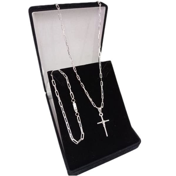 Correntinha Cordão Masculino Prata + Pulseira Pingente Cruz 3mm Banhado A Prata 925 70cm
