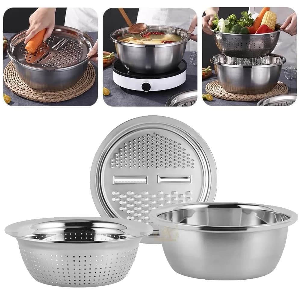 Conjunto Bowl Inox Ralador Escorredor Multifuncional 3 em 1 Envio Imediato