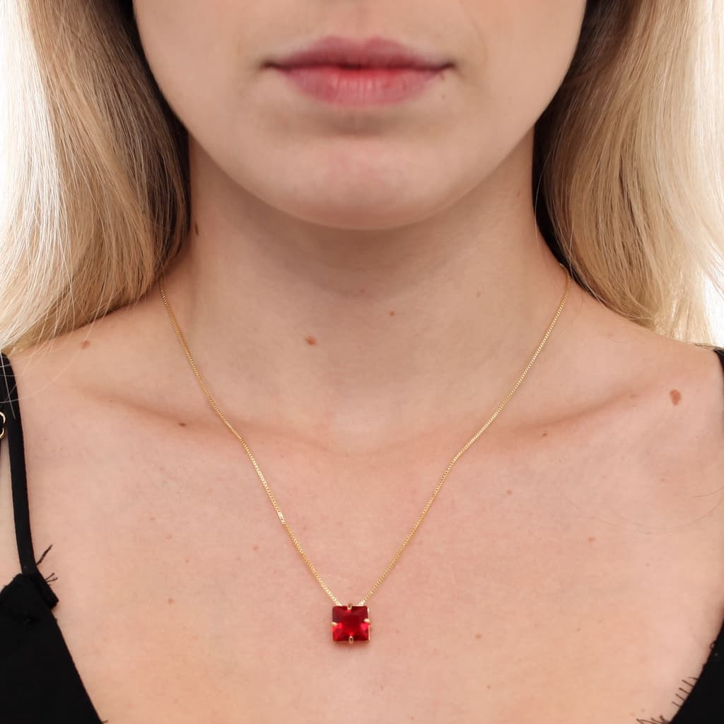 Kit Correntinha Feminina Com Pingente Pedra Vermelha Banhado a Ouro 18k