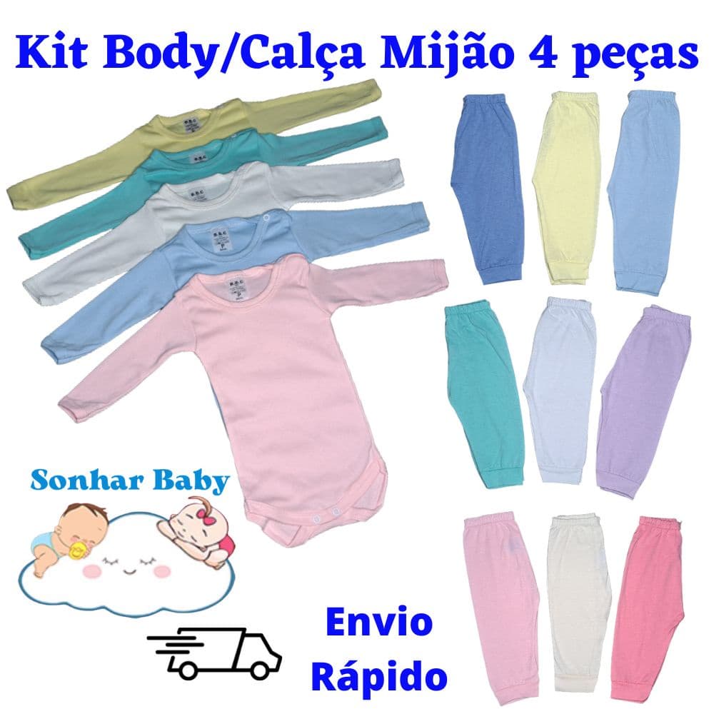 Kit 4 peças Body/Calça Longo Liso Mijão Bebê
