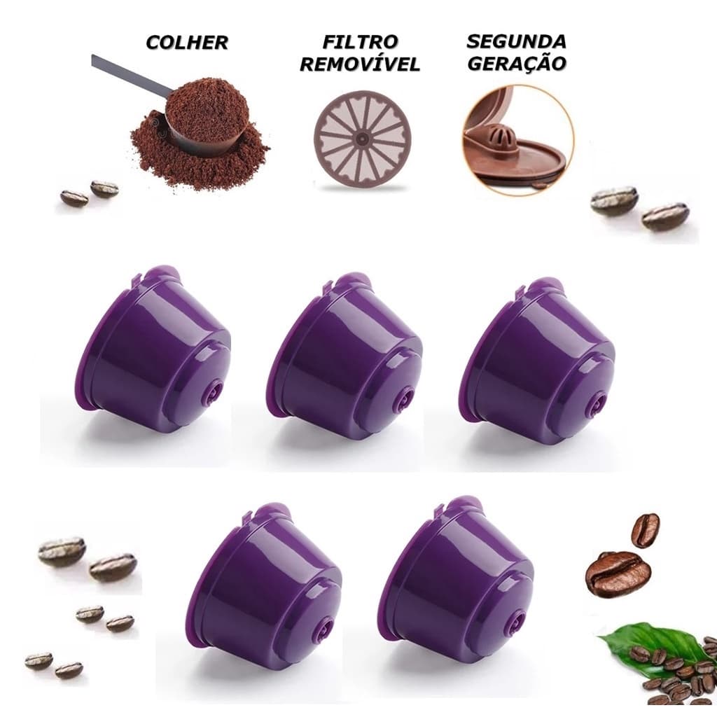5 Cápsulas Dolce Gusto Reutilizável Recarregável Com Colher Cor Roxa