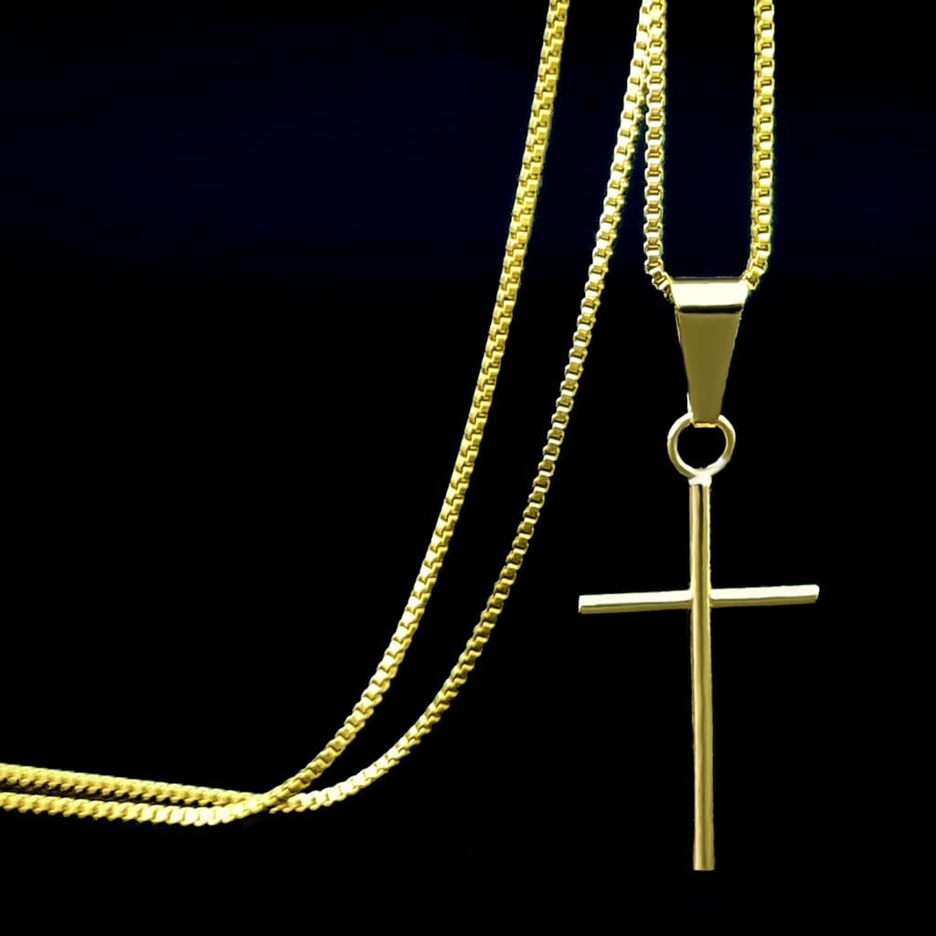 Corrente Cordão Masculino Banhado A Ouro 18k com Pingente Cruz Palito 004