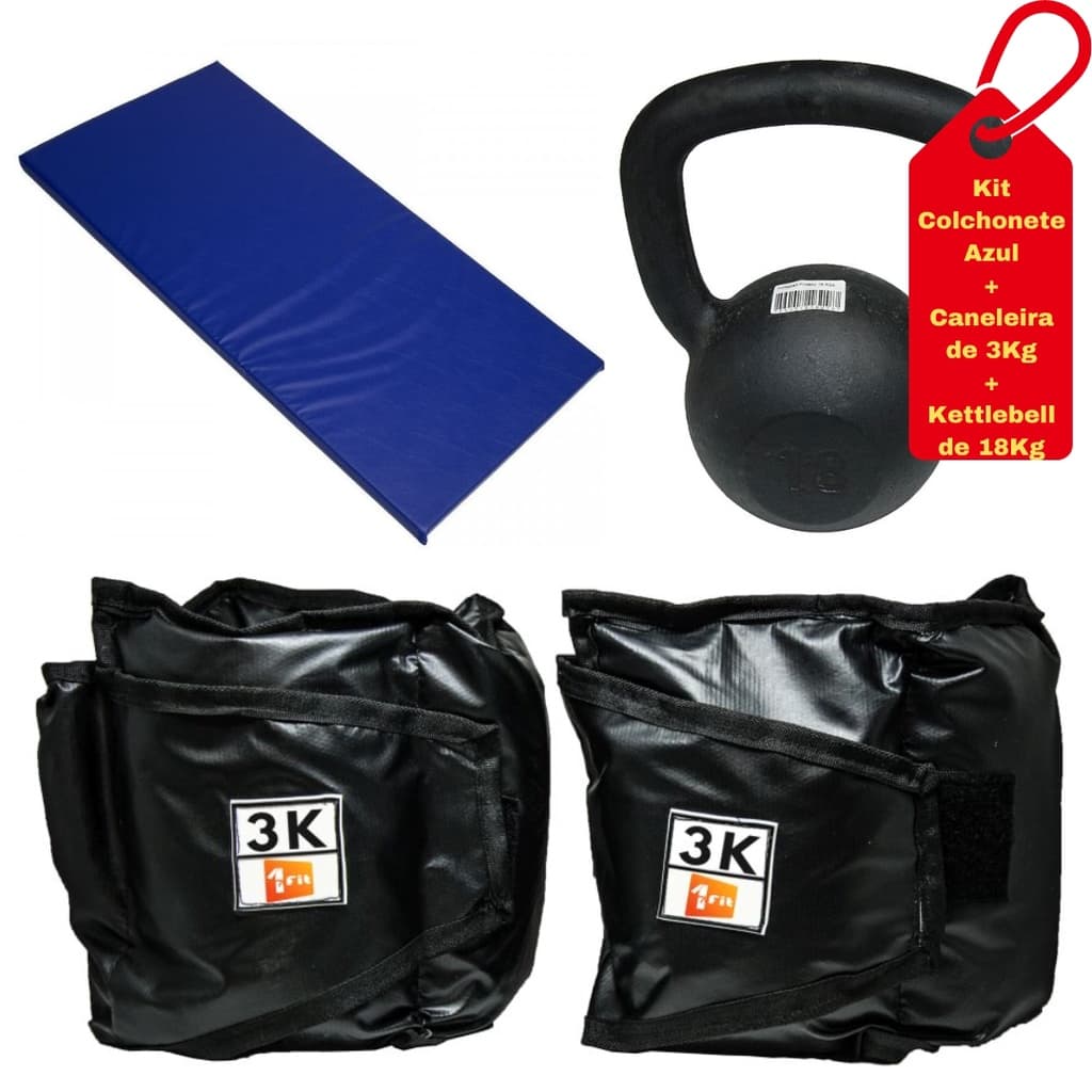 Kit Colchonete Azul + Par de Caneleira 3Kg + kettlebell Pintado 18kg