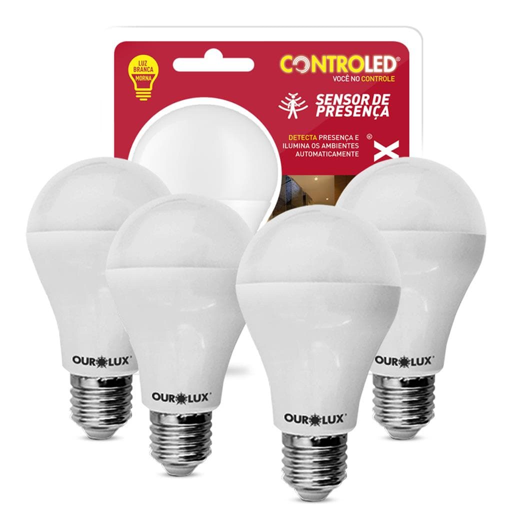 Kit 4 Lampadas Led Inteligente Sensor Presenca 9W E27 2700K