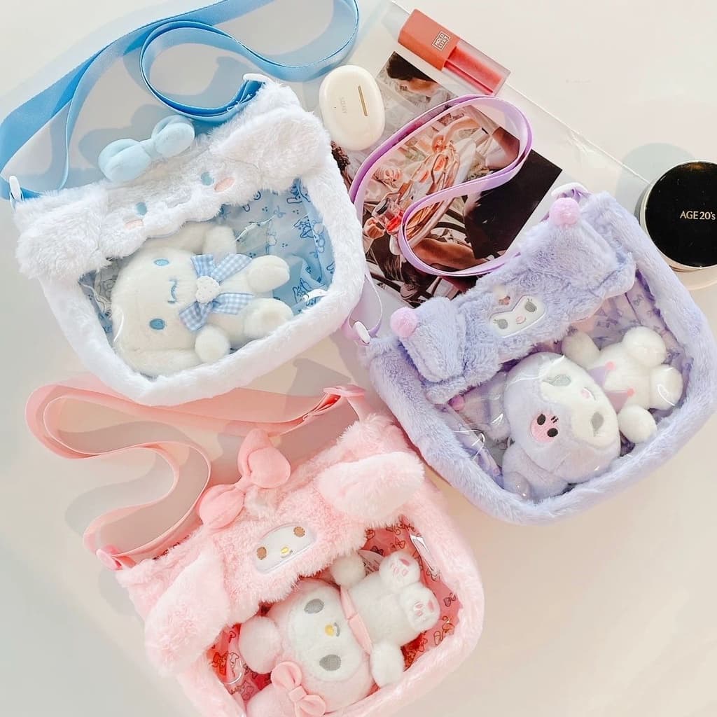 Cute Cinnamoroll Kuromi My Melody Plush Bag E Chaveiro De Desenho Animado Anime Bolsas Transversal Plushie Presente