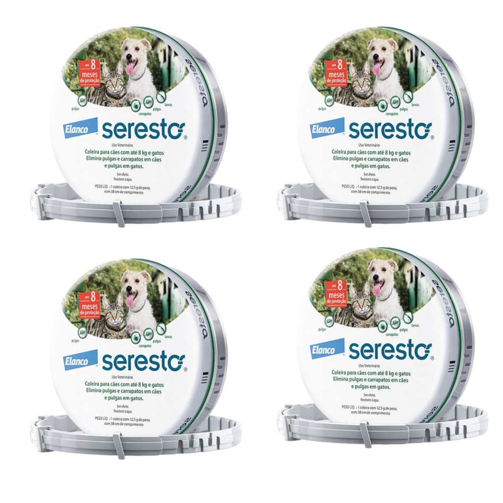 4 Coleiras Seresto P AntiPulgas Cães até 8kg 38cm Elanco