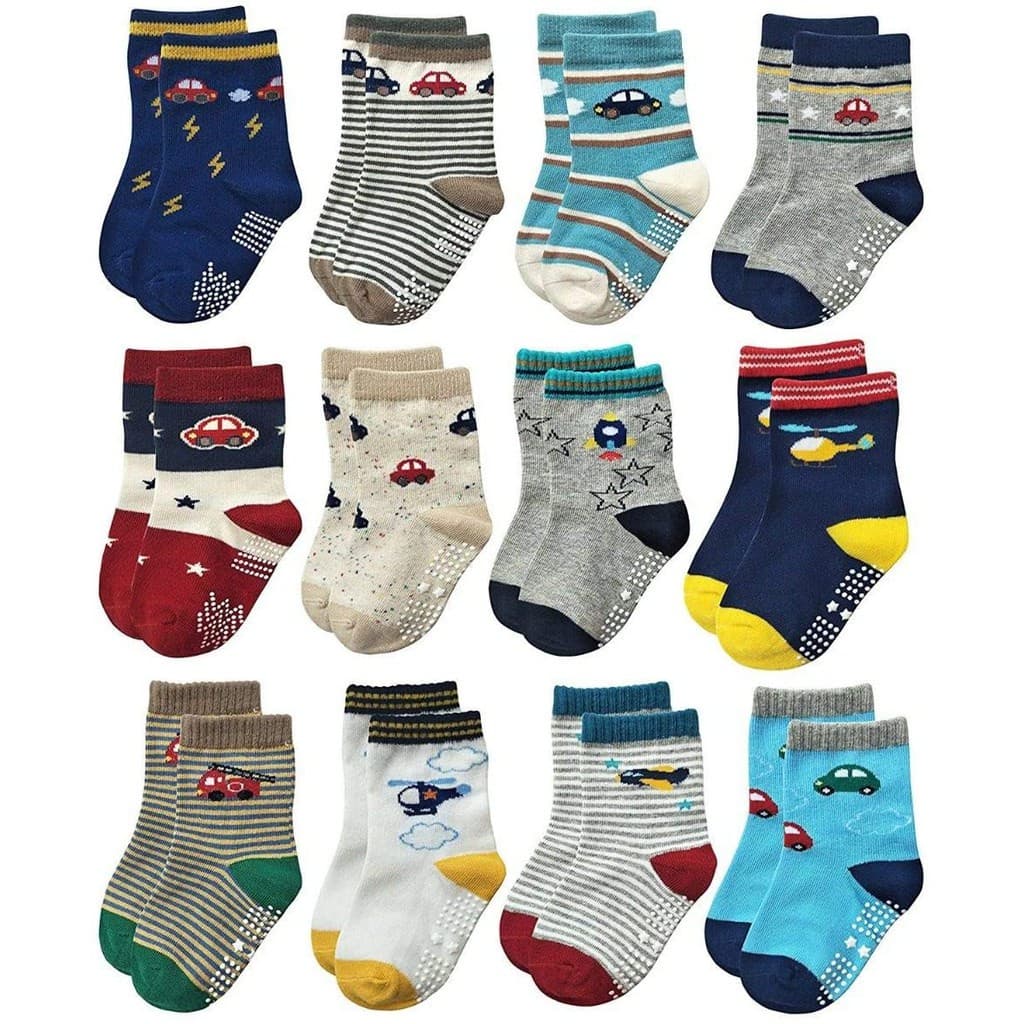 KIT 12 PARES de Meias Infantil Bebe Menino Masculino ou Menina Feminino C/ Antiderrapante Estampada