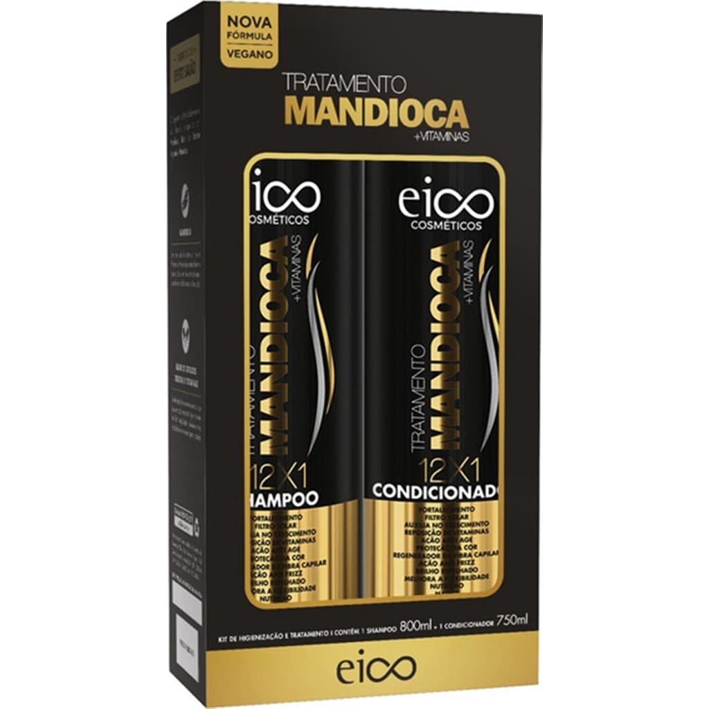 Kit Eico Tratamento capilar  Mandioca 12 x 1 ( SH 800ml +  Cond 750ml ) Nutrição Fortalecimento  Vitaminas Sem Sal