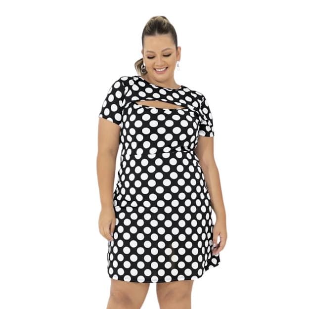 Vestido Com Recorte Vazado Estampa Poá Plus Size