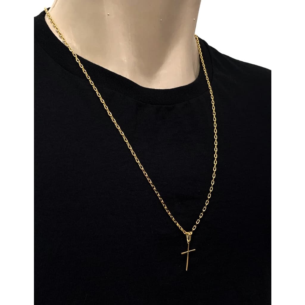 CORRENTE CORDAO COLAR MASCULINO BANHADO A OURO 18K PINGENTE CRUZ PALITO FINA PEQUENA CRUCIFIXO