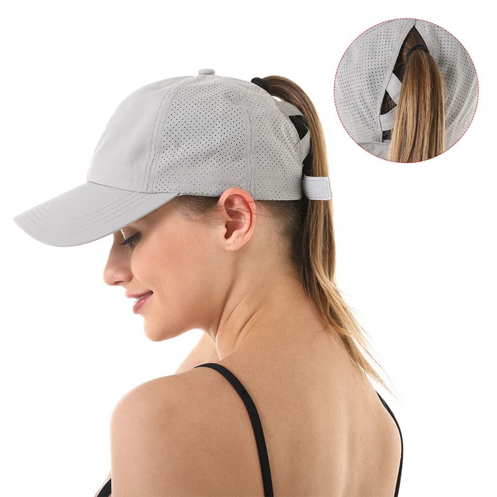 Boné Liso Feminino Rabo Cavalo Ajustável Tecido Respirável Esporte Aba Curva