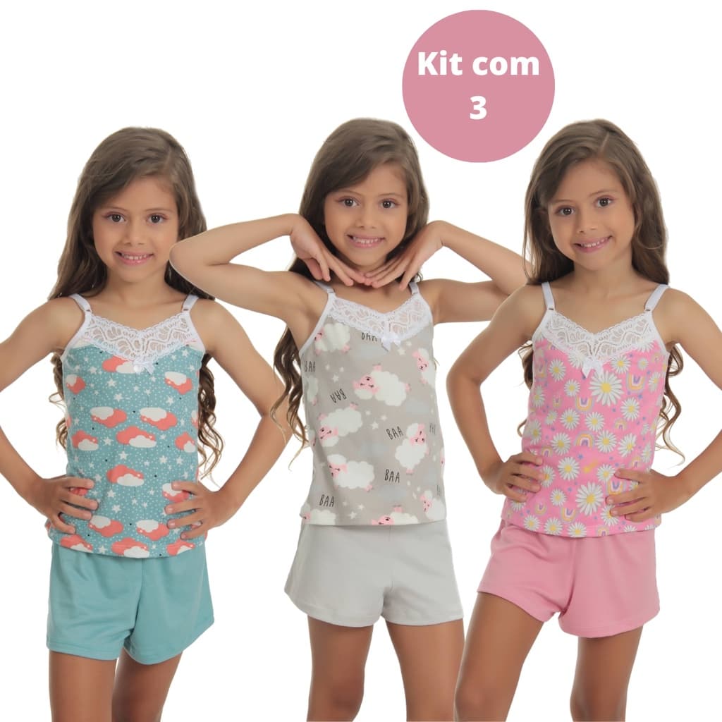 kit 3 Pijama Infantil Curto Baby Doll Estampado Short suede
