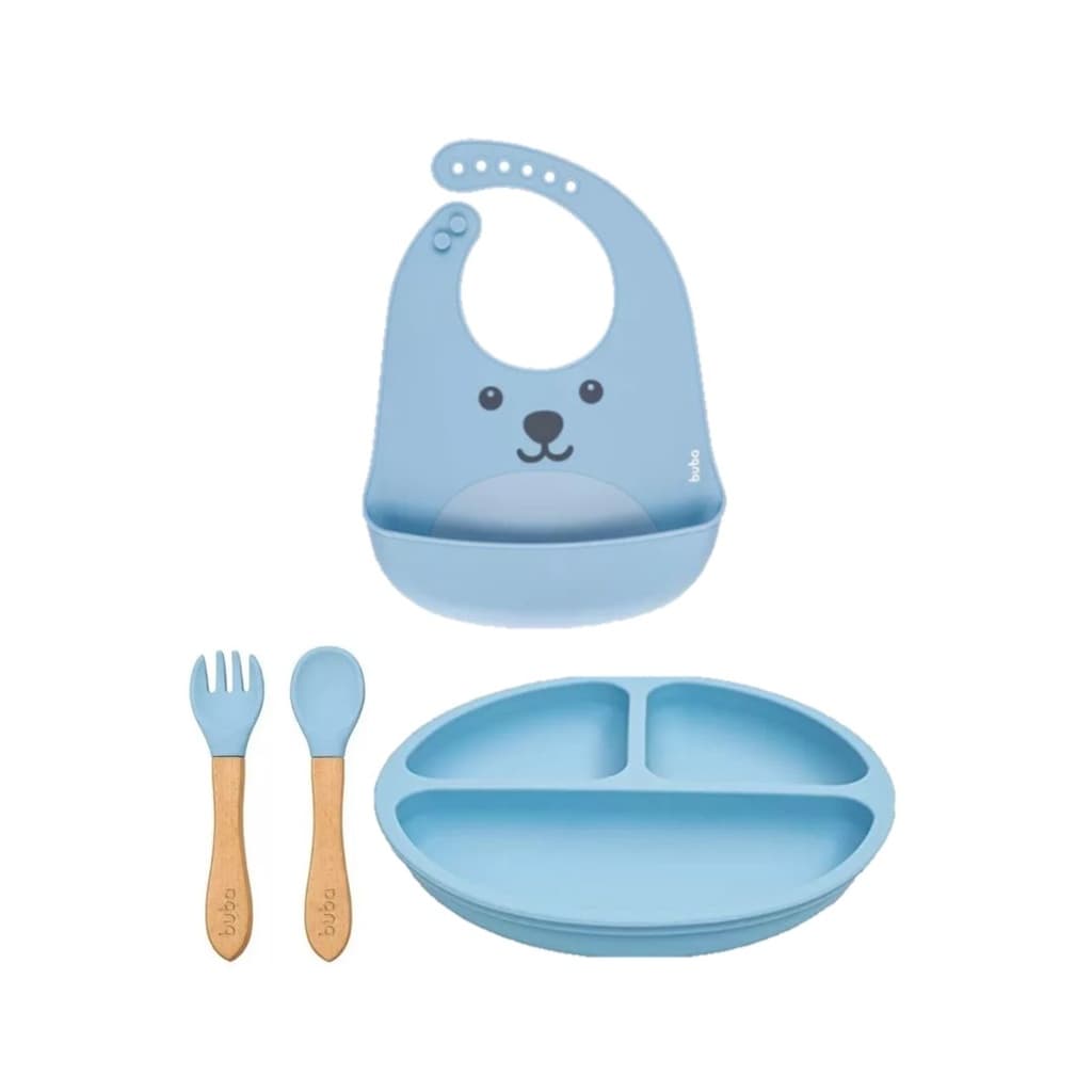 Kit Buba - Pratinho e Talheres Silicone + babador Gumy Azul