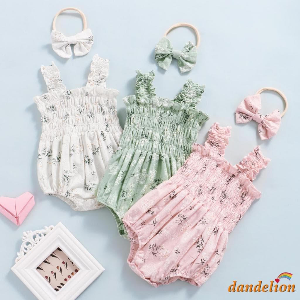 Macacão De bebé meninas com faixa de cabeça com laço, Roupas de Impressão Floral Sem Mangas Cintas Elásticas Para Ombros De Busto