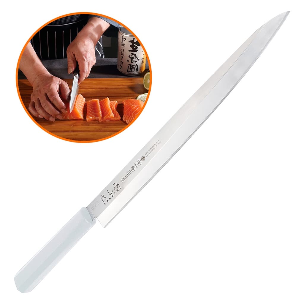 Faca Japonesa Sashimi Cabo Branco Peixe Legume 10Pol 38cm Profissional Mundial Certificação  Sanitized AntiBacteriano