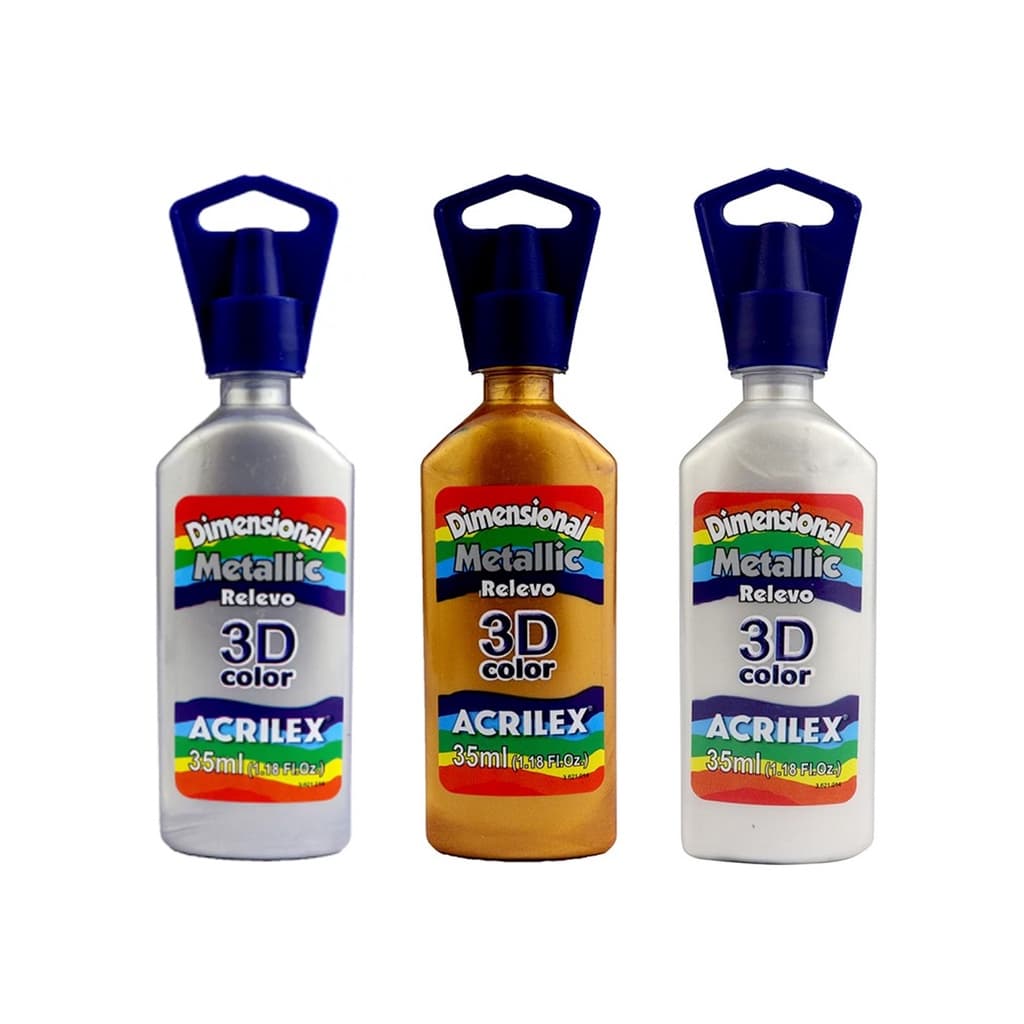 Tinta Dimensional Relevo 3d Metálica Acrilex Kit C/ 3 Cores