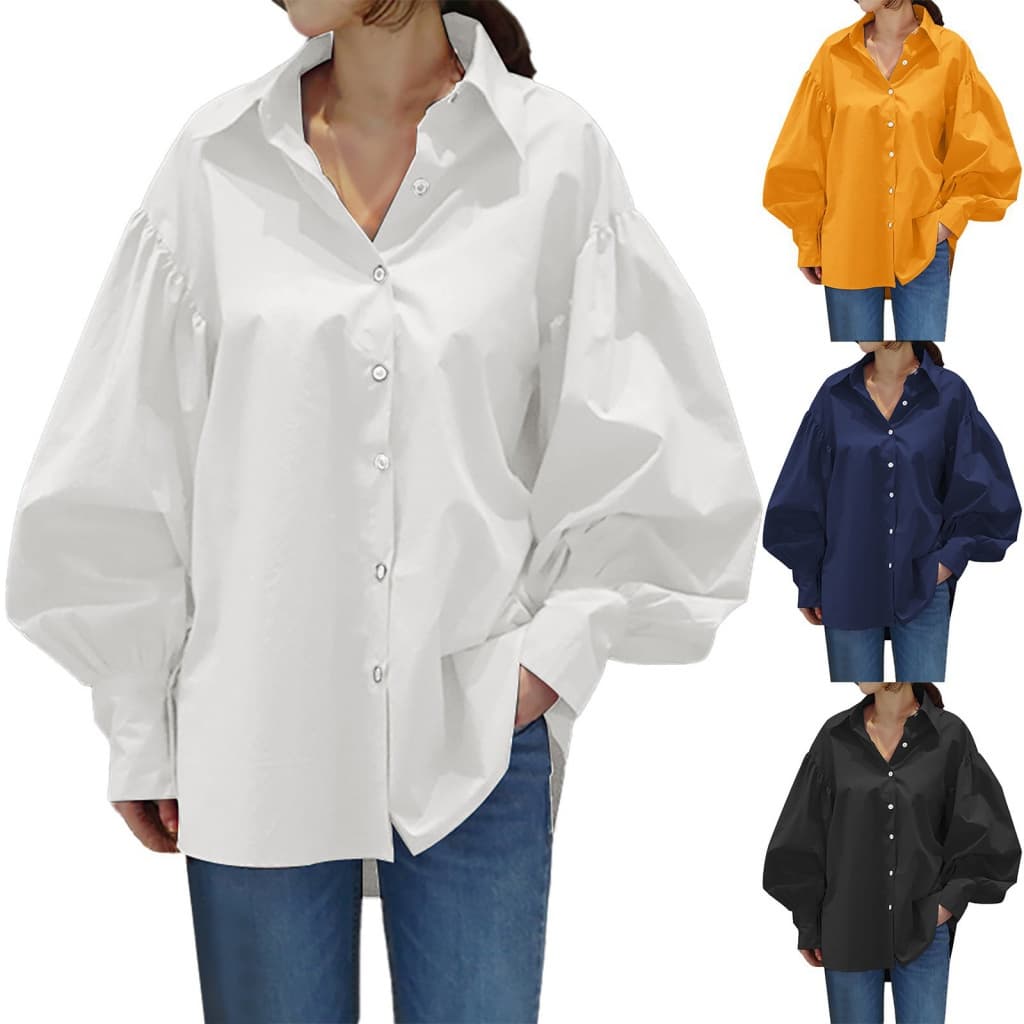 Camisa casual Camisa casual com mangas de lanterna blusa de lapela 2022 blusa de cor sólida retrô blusa feminina de escritório feminino