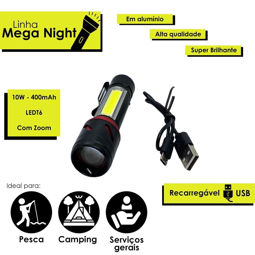 Lanterna Portatil de mão Recarregável Usb Led T6 Super Potente Camping