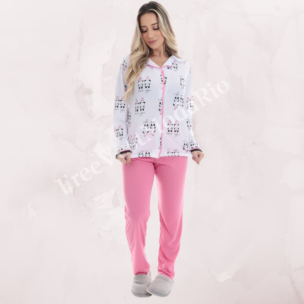 Pijama Longo Americano Blogueirinha Inverno botão gestante amamentação Pijama Cirúrgico de Botão