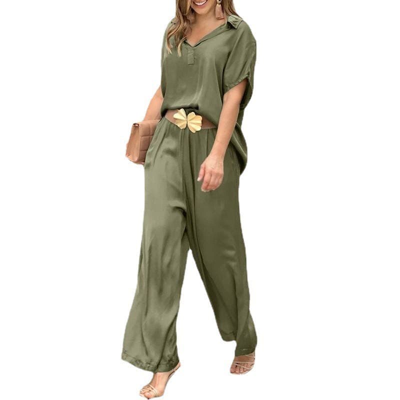 Mulheres Elegantes 2 Camisas de verão 2023 calças de pernas largas pacote de moda conjunto casual de cor sólida de duas peças