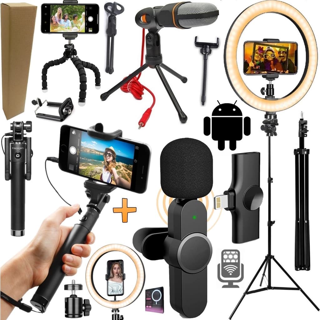 Tripé Pedestal + Microfone Sem Fio Gravação de Vídeo Smartphone Tipo C Android Luz Luminária Selfie Makeup Foto Youtuber