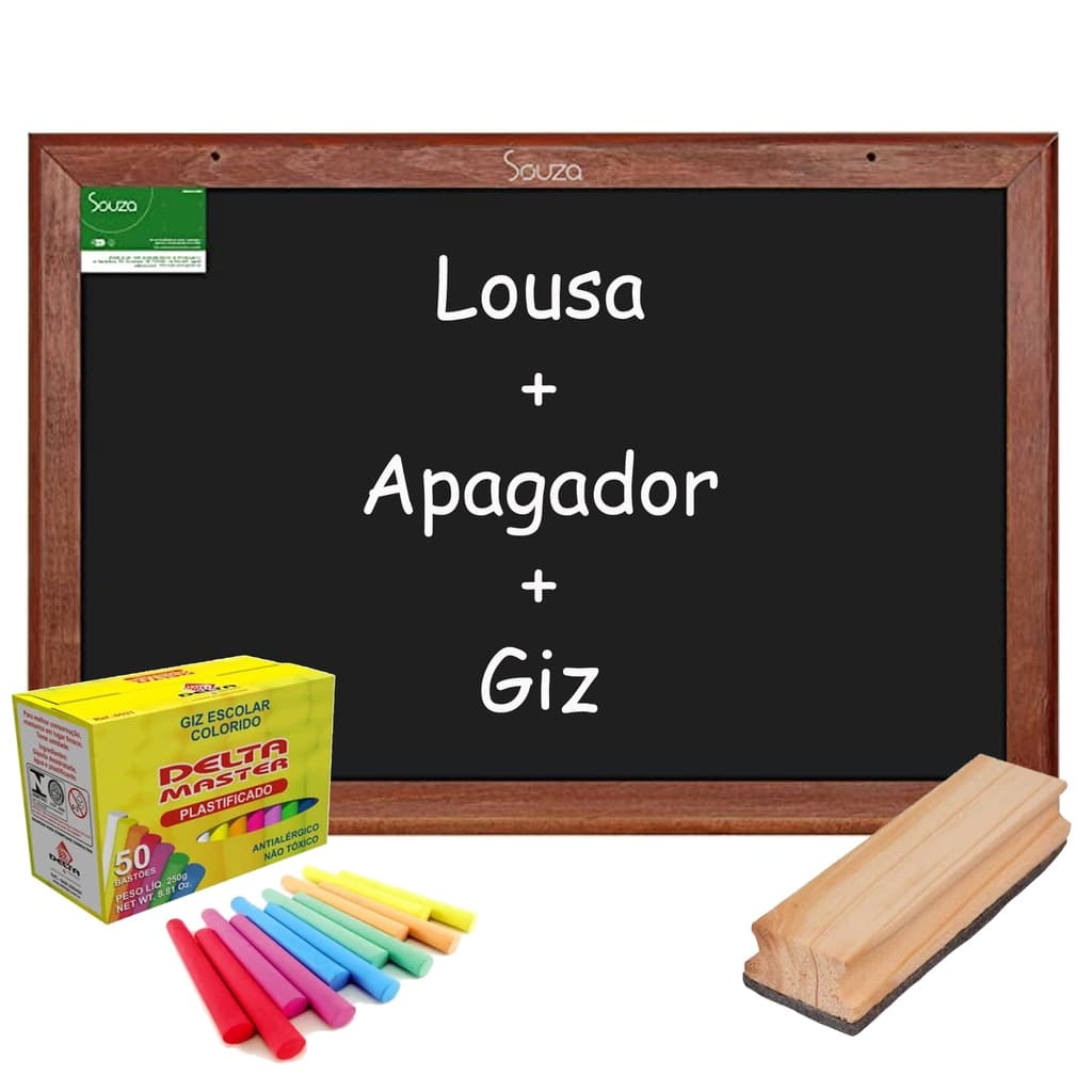 Kit Lousa Quadro Negro 40x30cm Madeira + Apagador + Giz