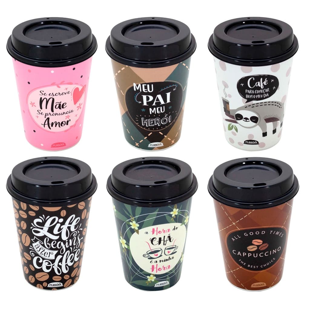 Copo Para Beber Café 320 ml Divertidos Com Tampa Plástico Plasútil