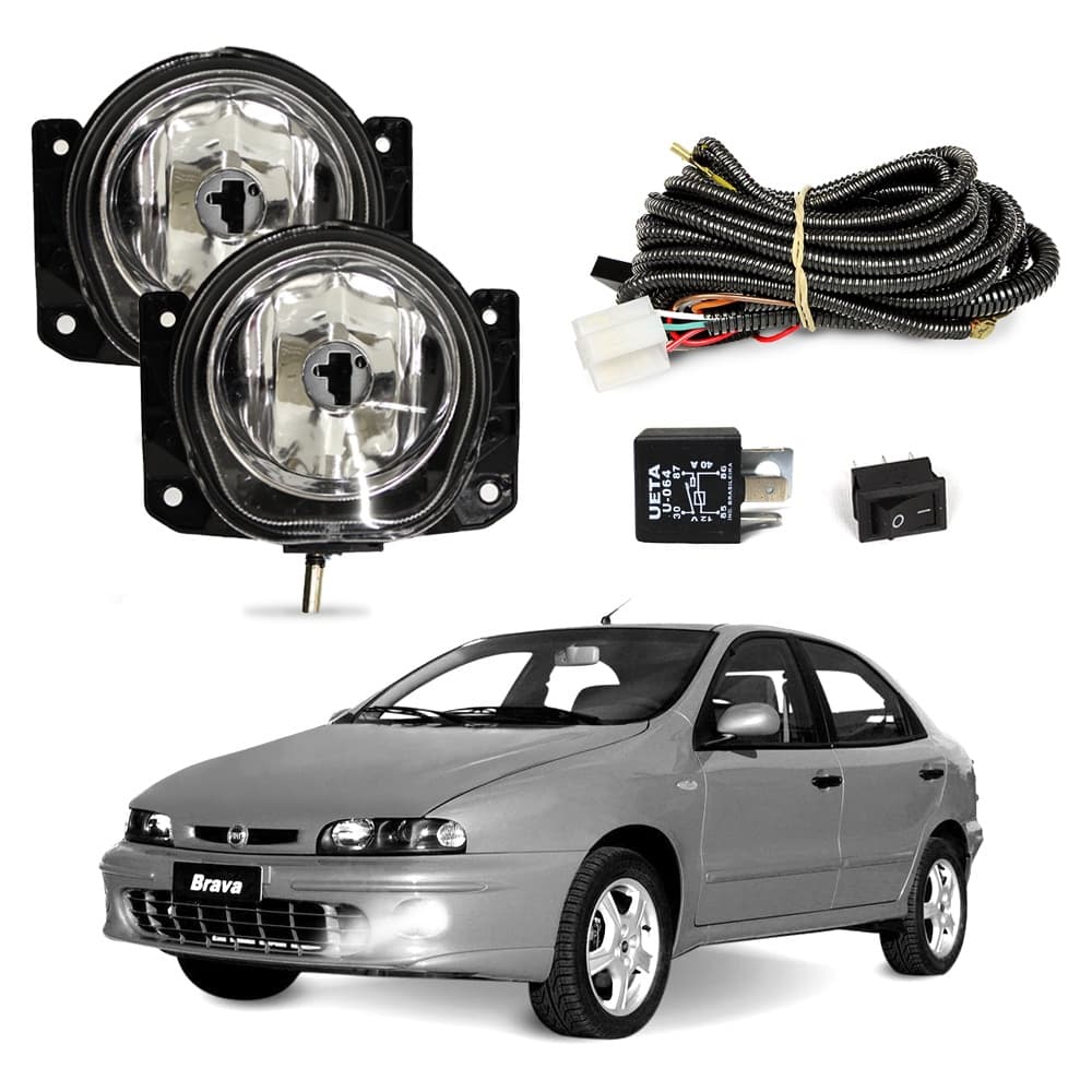 Kit Farol de Milha Fiat Brava 1999 a 2003 Farol Auxiliar de Carro Lente de Vidro Neblina Automotivo