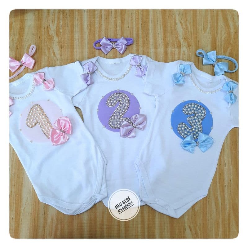 Body Mesversario Para Bebê Kit Com 3 Bores Feminino Infantil Roupa De Mês Personalizado Temático Menina