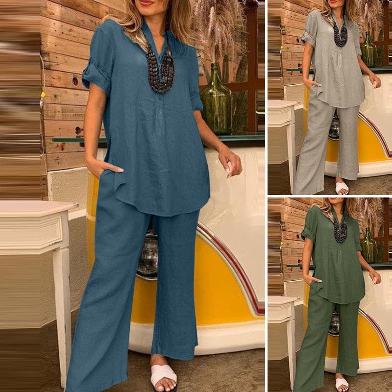 2022 Conjunto feminino de verão de cor sólida de manga curta com decote em V e calça reta de perna larga casual elegante roupas soltas