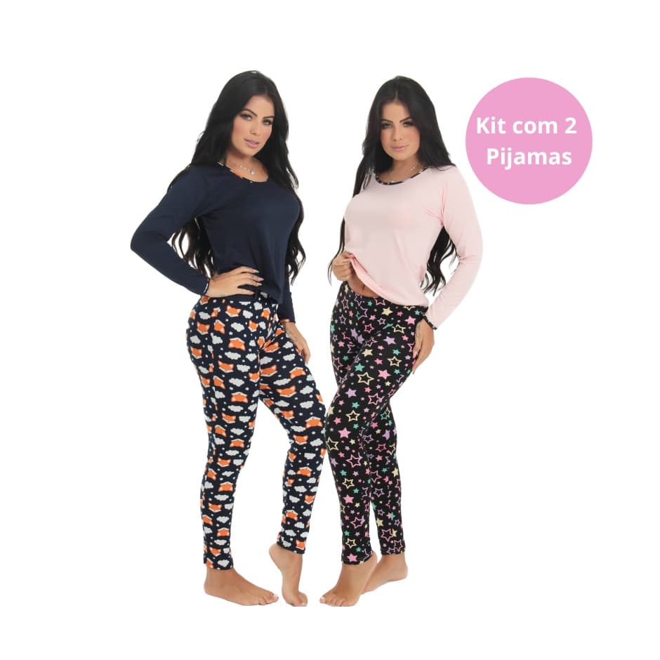 Kit 2 Pijama Adulto longo Suede Viés Conforto Inverno Linha Noite estampado e liso
