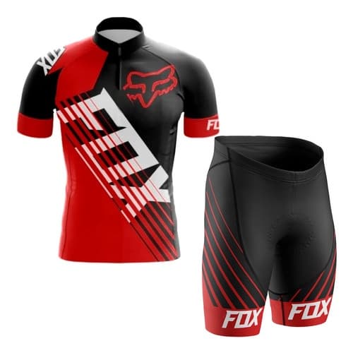Conjunto Camisa Manga Curta E Bermuda Fox Vermelha Ciclismo Dry Fit