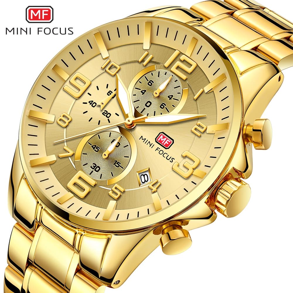 MINI FOCUS Foco Relógios Masculino Luxo Relógio De Ouro Cronogragh Calendário Piloto 1/10 Segundo 3 Mostradores Aço Inox