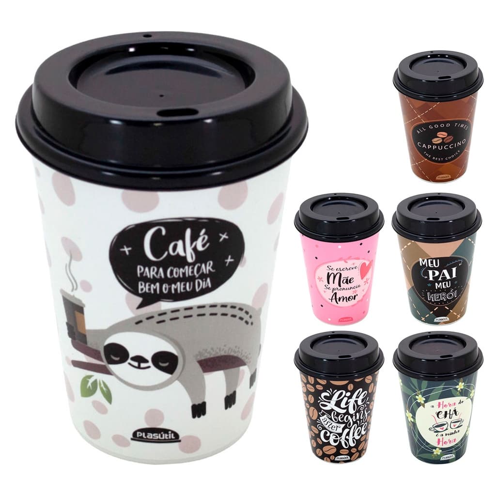 Copo Café 320ml Com Tampa Estilo Bucks Plástico Plasútil