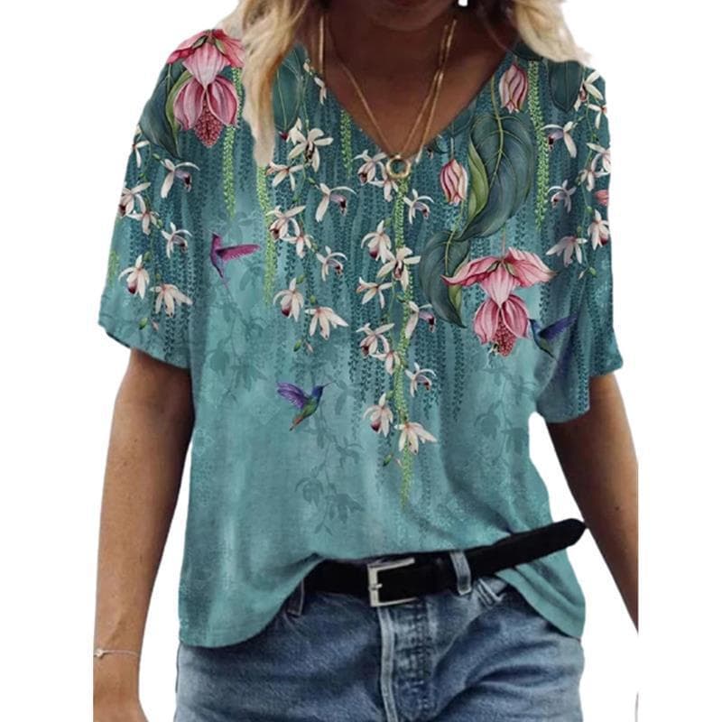Moda Verão Camiseta Feminina Manga Curta V Pescoço Floral Estampada Casual top