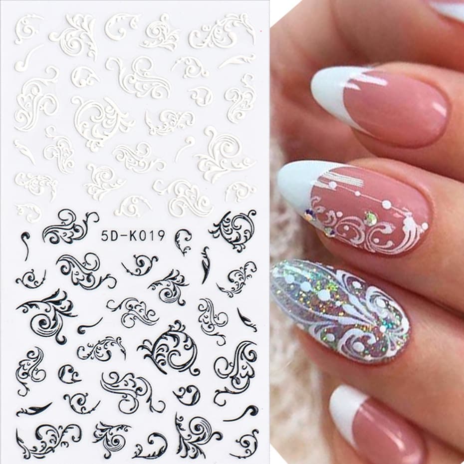 5D-K019 Adesivos De Unhas De Renda Barroca Vintage Com Padrões De Redemoinho Intricados Decalques Autoadesivos Brancos E