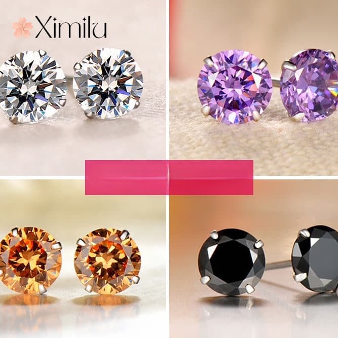 ♥ Brincos Originais Multicor De Quatro Garras Zircon Prata Femininos Ametista Jóias