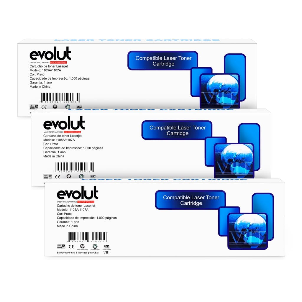 Kit 3 Cartuchos Toner 105A W1105A Compatível Com Chip Preto 1.000págs Evolut Para Laser 107a, 107w, MFP 135a 135w 137fnw