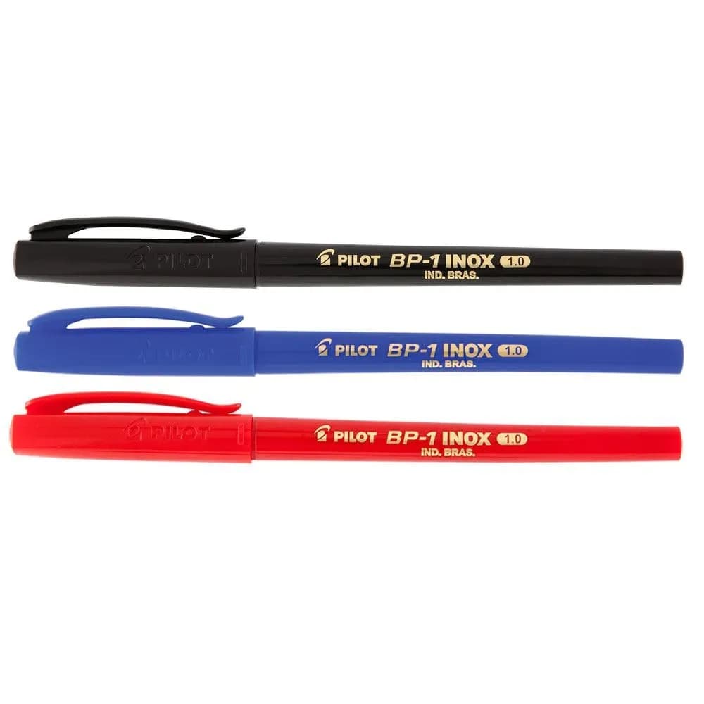 Caneta Ponta Fina Pilot - Caneta Esferográfica BP-1 Inox 1.0 - Caneta Preta, Azul e Vermelha